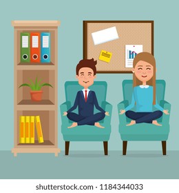 young couple practicing yoga on the sofa