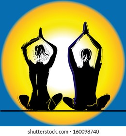 Young couple practicing yoga on the sea beach at sunset. Vector illustration.