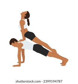 Young couple practicing yoga together, upward facing dog on top of plank pose. Flat vector illustration isolated on white background