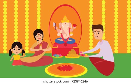 Young couple praying Lord Ganesh or Ganpati Bappa on Ganesh Chaturthi or Ganesh Utsav or Ganpati festival at home with puja thali. Indian cultural festival celebration concept illustration vector.
