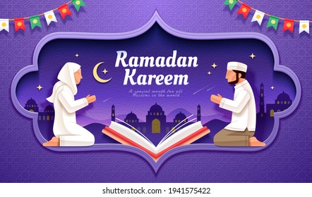 Young couple praying and reading Quran on Mosque silhouette background framed by patterns. 3d illustration of Ramadan or Islamic holiday celebration.