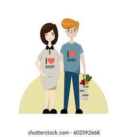 Young couple. Pregnant woman and man. Flat style vector illustration family. Cartoon characters isolated on white background