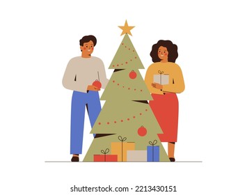 Young couple prepare for Christmas holidays and decorate tree. Family  gathered together near festive fir. Man and woman celebrate xmas or new year eve at home. Vector illustration