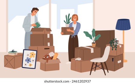 Una pareja joven se está preparando para mudarse. Empacando cosas de apartamentos. Las cajas se amontonan. Desempaquetando los artículos interiores. Traslado a un nuevo hogar. Envases de cartón. Reubicación familiar. chillón