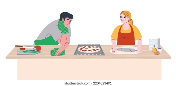 Young couple is preparing pizza in the kitchen. Girl rolls out the dough. Man watches his woman cook. Family is cooking in the kitchen. Flat vector illustration, eps10