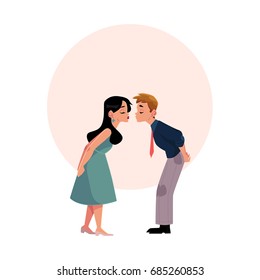 Young couple pretending to be kissing, going to kiss, cartoon vector illustration with space for text. Full length, side view portrait of cartoon couple going to kiss, pretending to kiss