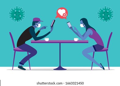 A young couple protected with masks to avoid infection, using their smart phones.Chatting and texting nessages Between them. Vector illustration.