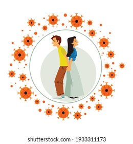 Young couple in protective bubble reflecting viruses and bacterias, flat vector illustration isolated on white background. Good health and strong immune system.