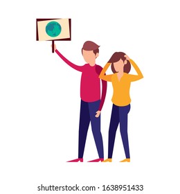 young couple protesting with earth planet in label characters vector illustration design