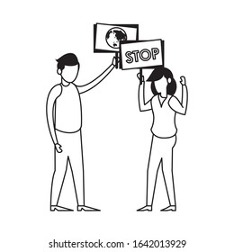 young couple protesting with earth planet in label characters vector illustration design