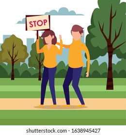 young couple protesting with stop label characters vector illustration design