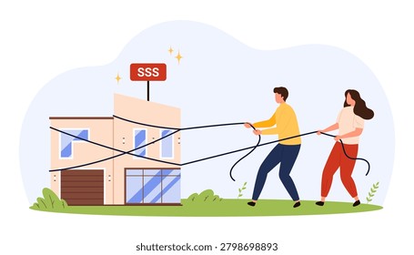 Young couple pulling ropes tied to modern house with price sign, concept of mortgage, home loan, real estate investment and property value control, isolated on white background vector illustration