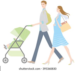 Young Couple Pushing A Stroller