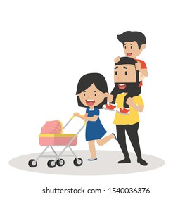 Young Couple Pushing Stroller Vector