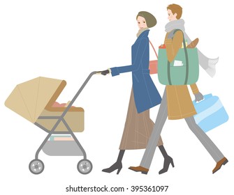 Young couple pushing a stroller. Winter