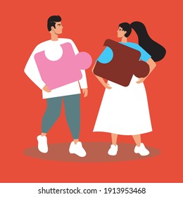 Young couple with a puzzle isolated. Flat vector stock illustration. Relationship connection concept. Man and woman in a relationship. Puzzle elements connection. Couple in love
