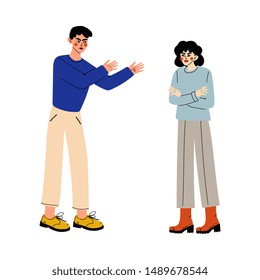 Young Couple Quarreling, Furious Man Shouting at Offended Girl, Girlfriend Asking Forgiving, Disagreement in Relationship, Negative Emotions Vector Illustration