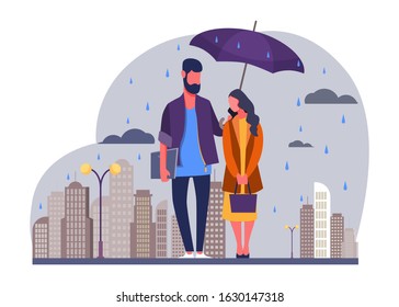 Young couple in rain vector illustration. Man and woman in raincoats standing under umbrella on urban street. Autumn rain image for weather, season, climate concept