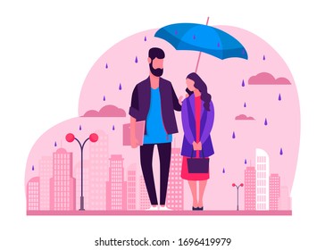 Young couple in rain vector illustration. Man and woman in raincoats standing under umbrella on urban street. Autumn rain image for weather, season, climate concept