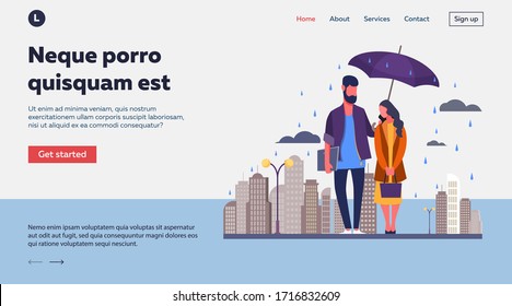 Young couple in rain vector illustration. Man and woman in raincoats standing under umbrella on urban street. Autumn rain image for weather, season, climate concept