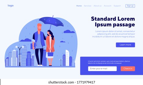 Young couple in rain vector illustration. Man and woman in raincoats standing under umbrella on urban street. Autumn rain image for weather, season, climate concept