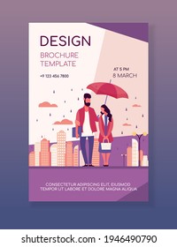 Young couple in rain vector illustration. Man and woman in raincoats standing under umbrella on urban street. Autumn rain image for weather, season, climate concept