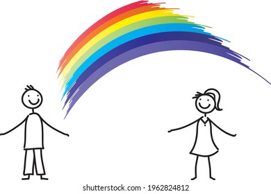 Joven pareja con arco iris - mira hacia un futuro brillante y disfruta 