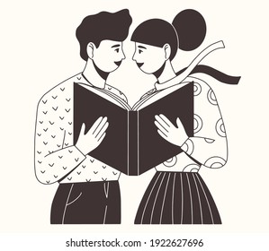 Young couple reading book together. Book lovers, fans of literature. Concept of Book Week or World Book Day. Flat vector illustration isolated on white background.