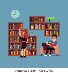Young couple reading books - flat library or living room concept. Guy and girl read book in home, vector illustration