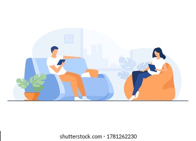 Young couple reading books in living room isolated flat vector illustration. Cartoon happy woman and man resting on sofa and armchair. Home, holiday and relaxation concept