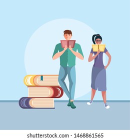 young couple reading with stack of books