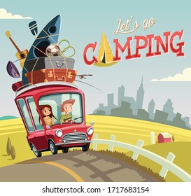 Young Couple In Red Car Going Camping