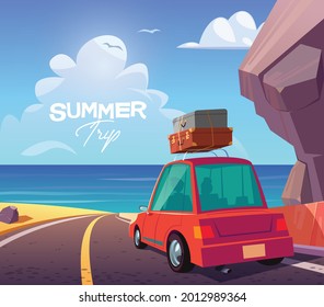 Young couple in red car on summer trip vector illustration