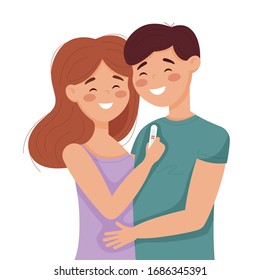 Young Couple Rejoices In A Positive Pregnancy Test. Cartoon Flat Illustration