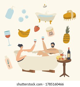 Young Couple Relax In Bath With Foam Drinking Wine Man And Woman Characters Taking Sauna And Spa Water Procedure. Relaxation, Wellness Body Care, Honeymoon Date. Linear People Vector Illustration