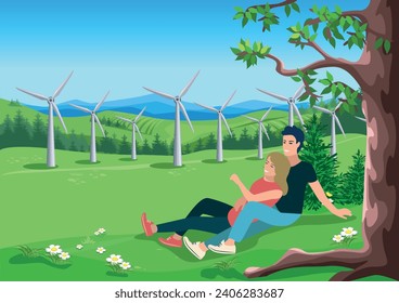 A young couple relaxes under a large tree with a wind farm in the background. Green energy. Protection of ecology and environment. Horizontal vector