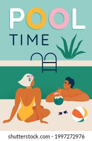 Young couple relaxing by the pool seated, swimming in the pool and umbrella vector illustration poster design.