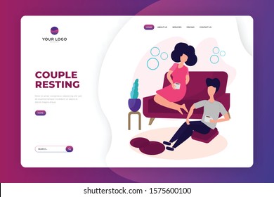 Young Couple Relaxing Landing Page Template Design. Characters Drinks Tea or Coffee Concept Vector Illustration. Couple Sitting on Comfortable Couch at Restroom. People Leisure Lifestyle Web Banner