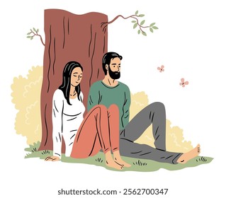 A young couple is relaxing in nature. A man and a girl are sitting on the grass under a tree. People lifestyle, recreation and leisure. Happy family and love. Flat vector art illustration