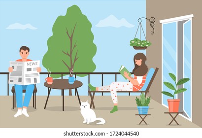 Una pareja joven se relaja en el balcón. Un hombre lee un periódico, y una mujer un libro. Un hombre y una chica leen y beben té en la terraza. Descansa en el jardín.Ilustración vectorial corta.