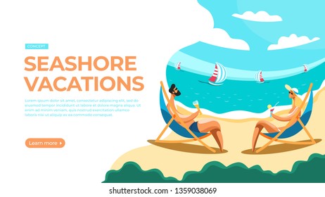 Young couple relaxing on the beach, sitting on the sun loungers and sipping drinks. Vector illustration of seashore vacations concept. Landing page main block layout.
