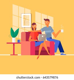 Young couple relaxing on the couch with laptop in their living room at home.Flat vector illustration