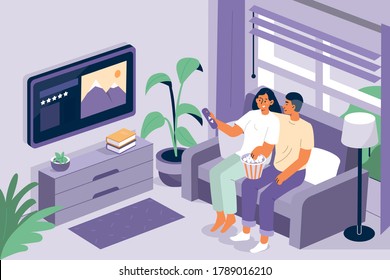 Young Couple Relaxing Together on Sofa and Watching TV Online. People Characters Resting at Home and Watching Movies. Online Television Concept. Flat Cartoon Vector Illustration.