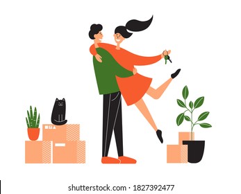 Young couple relocation in new house or apartment. Mortgage concept. Happy home owners. Man holds woman with keys in hand. Family moving in flat with stuff boxes, houseplants, cat. Vector illustration