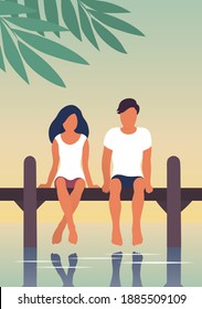 A young couple is resting by the river. A man and a girl are sitting on a pier above the water. Calm rest. Vector flat illustration poster.