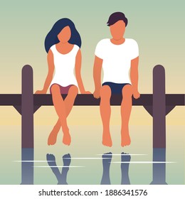 A young couple is resting by the river. A man and a girl are sitting on a pier above the water. Calm rest. Vector flat illustration.