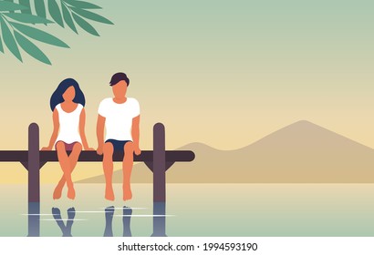 Una pareja joven está descansando junto al río. Un hombre y una niña están sentados en un muelle sobre el agua. Tranquilidad. Banner de ilustración plana vectorial