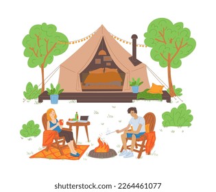 Young couple resting in campfire on glamping or comfortable camping site, flat vector illustration isolated on white background. People relax on picnic in glamping.