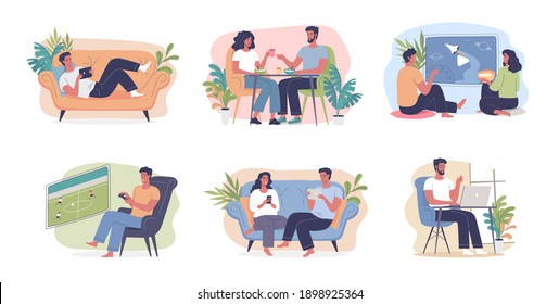 Young couple resting at home flat vector illustration. They are resting on a couch, working remotely, watching movies, sleeping, reading books, eating, playing video games