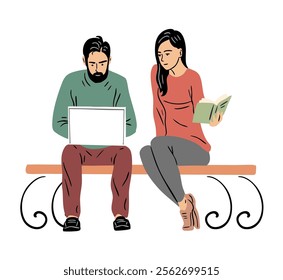 A young couple is resting on a bench. A man is sitting with a laptop. The girl is reading a book. People's lifestyle, recreation and leisure. Happy family. Flat vector art illustration on white